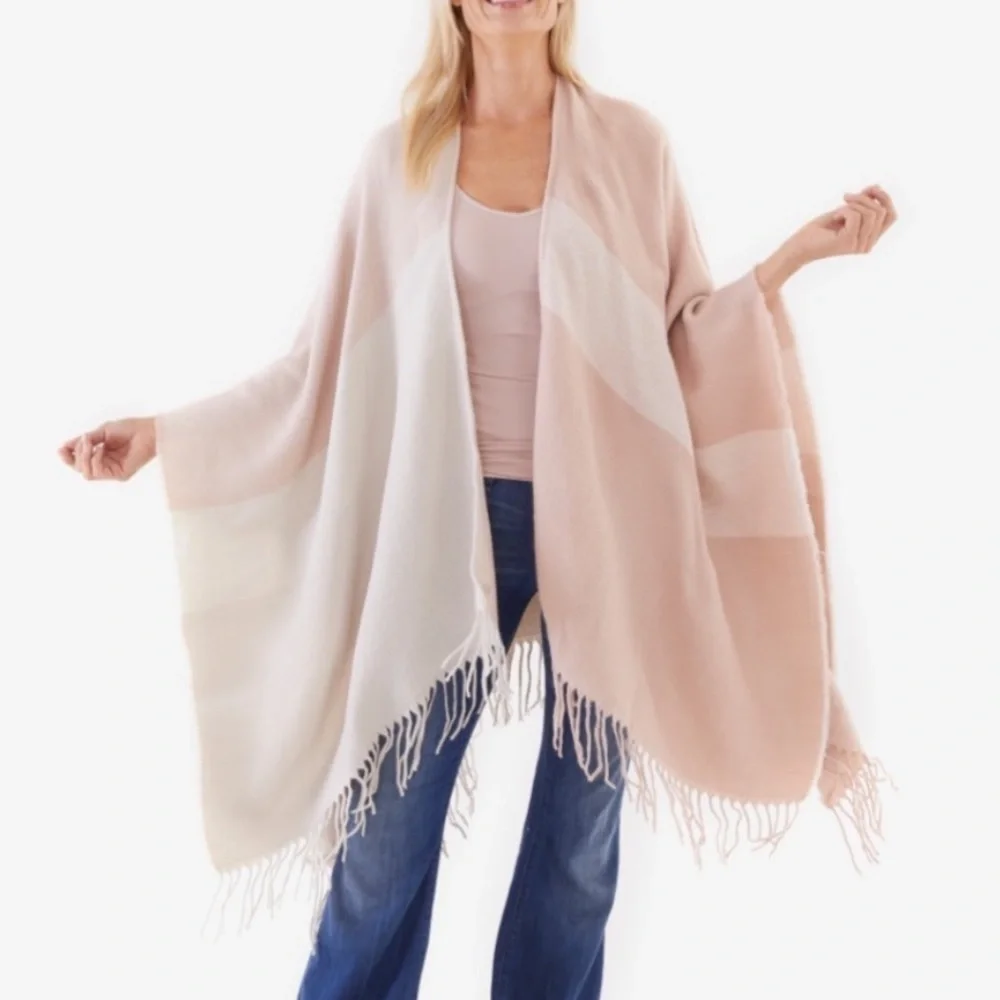 Soia & Kyo Woven Scarfigan With Fringe Blanket Poncho Sweater Cream Pink OS